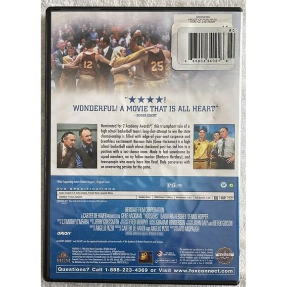 Hoosiers (DVD, Full & Widescreen) Gene Hackman, Dennis Hopper, Barbara Hershey - Picture 2 of 4